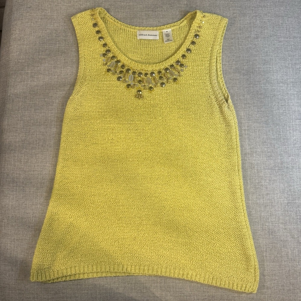 Yellow Beaded Sweater Tank Top Womens Medium Sleeveless Knit Casual